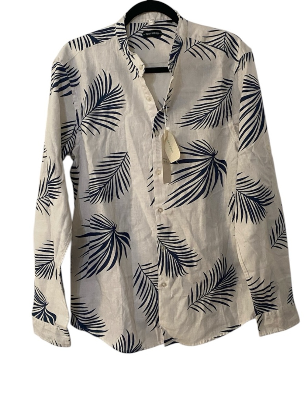NWT Men's White TONY MORO Button-Up Shirt with Navy Leaf Print XL